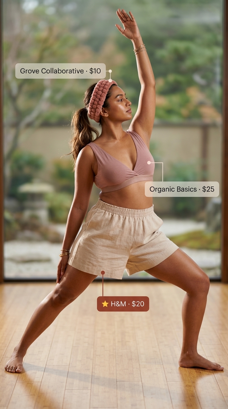 Summer Yoga Activewear for Women 2026: Meditation Set Light khaki yoga shorts, dusty rose headband & bralette, off-white tank for summer yoga activewear for women 2026.