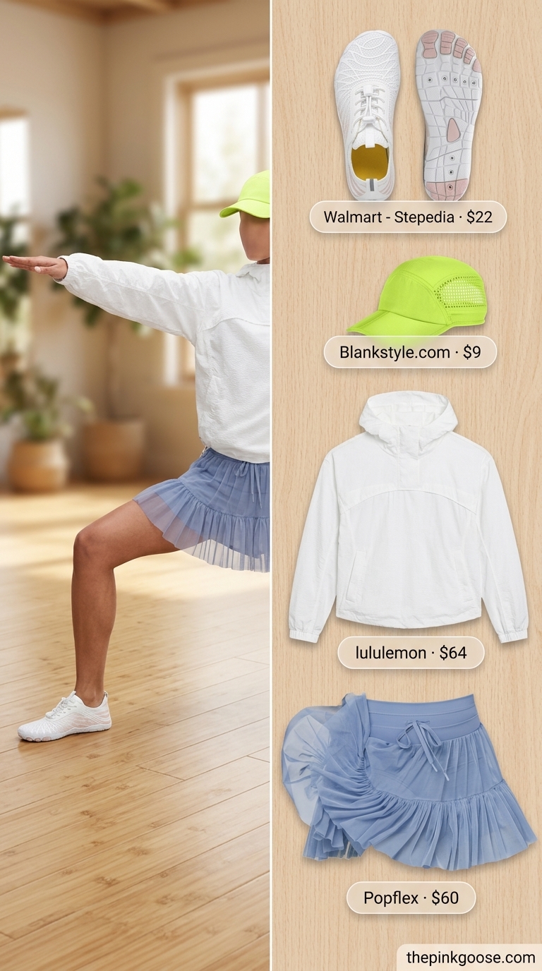 Paddleboard Yoga Outfits 2026 | Women's Activewear Sky blue skort & white tank for playful summer yoga activewear for women 2026.