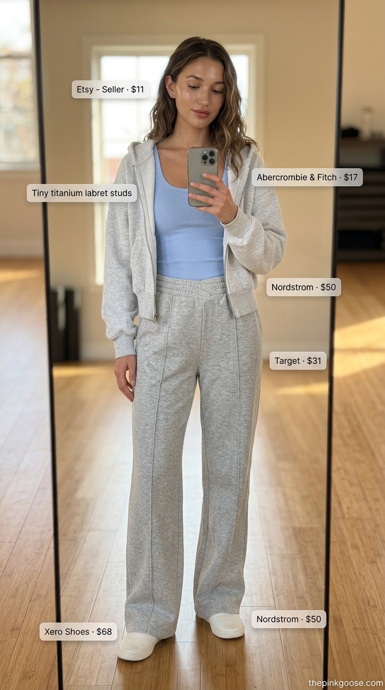 Cloud grey wide-leg pants, pale blue tank, grey hoodie for relaxed summer yoga activewear for women 2026.