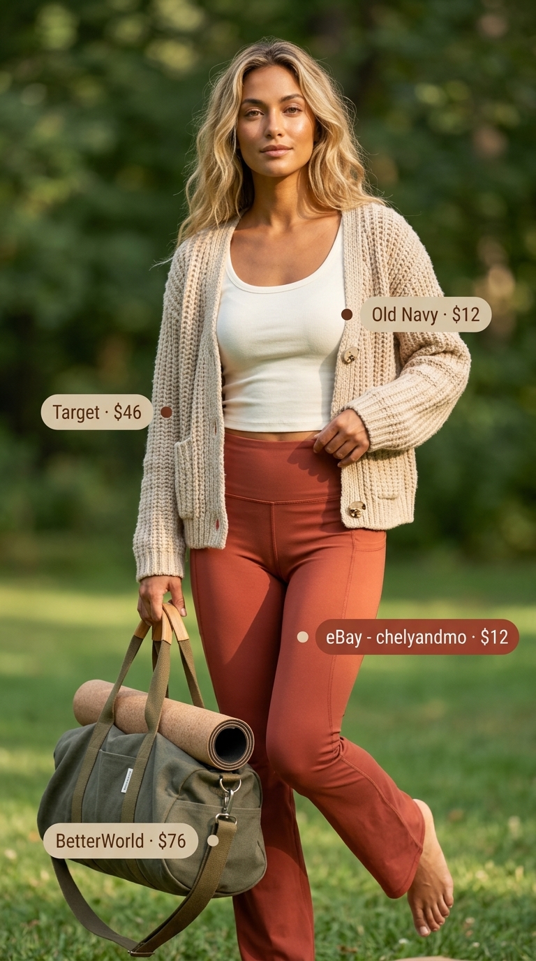 Hatha Yoga Outfits 2026 | Women's Activewear Terracotta flared yoga pants & cream crop top for comfortable summer yoga activewear for women 2026.