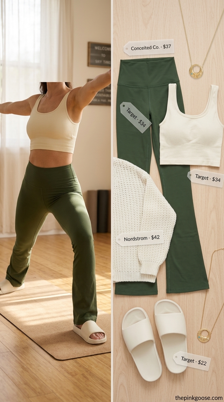 Retro Yoga Outfits 2026 | Women's Activewear Forest green flared yoga pants & cream knit cardigan for summer yoga activewear for women 2026.