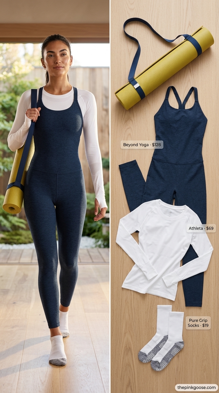 Summer Yoga Activewear for Women 2026: Sculpt & Soar Empowered navy summer yoga activewear for women 2026: jumpsuit, long-sleeve top, grip socks, mat sling.