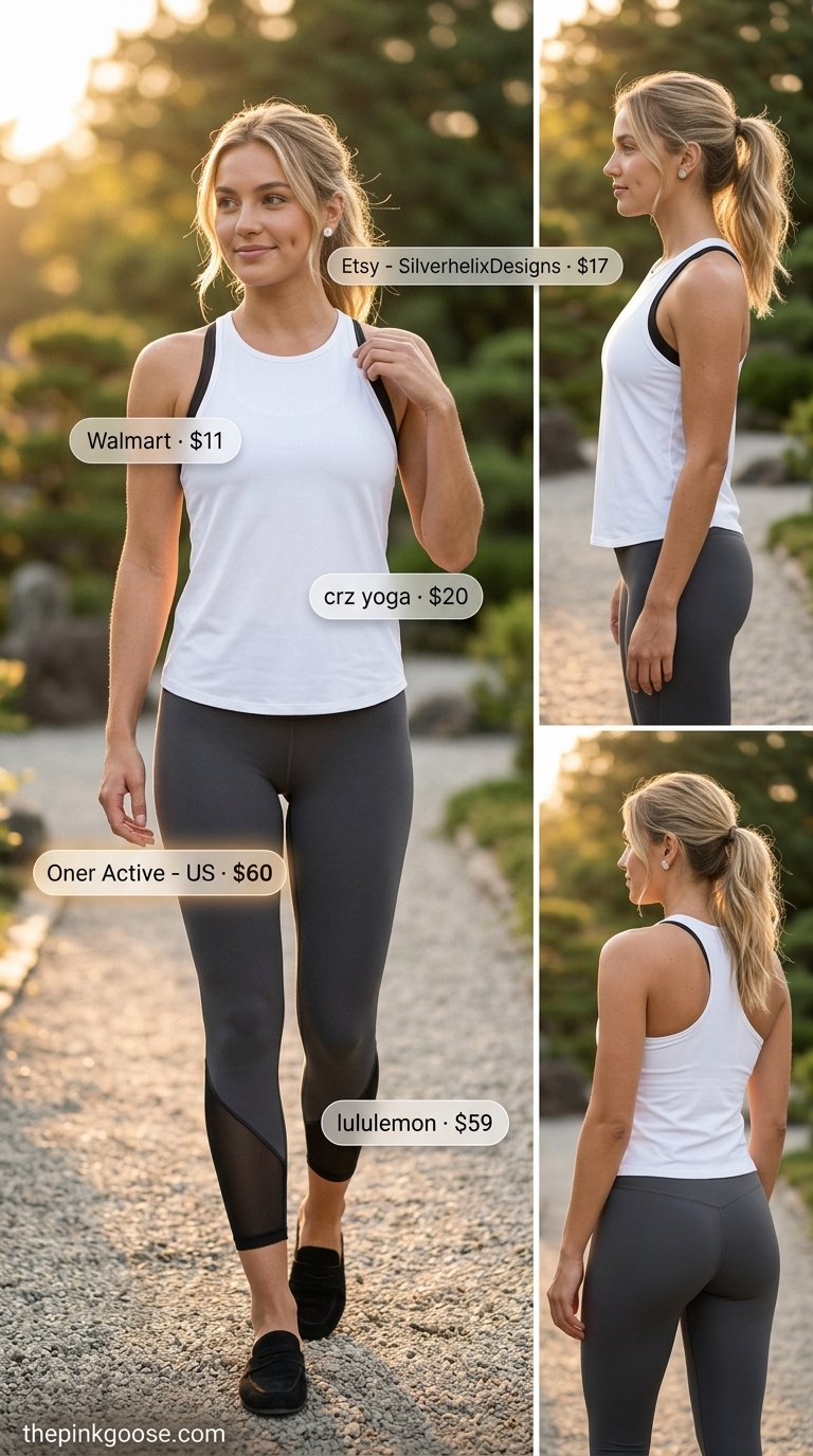 Summer Yoga Activewear for Women 2026: Studio Flow Chic black & white summer yoga activewear for women 2026: sports bra, cropped leggings, open-back tank, studio mules.