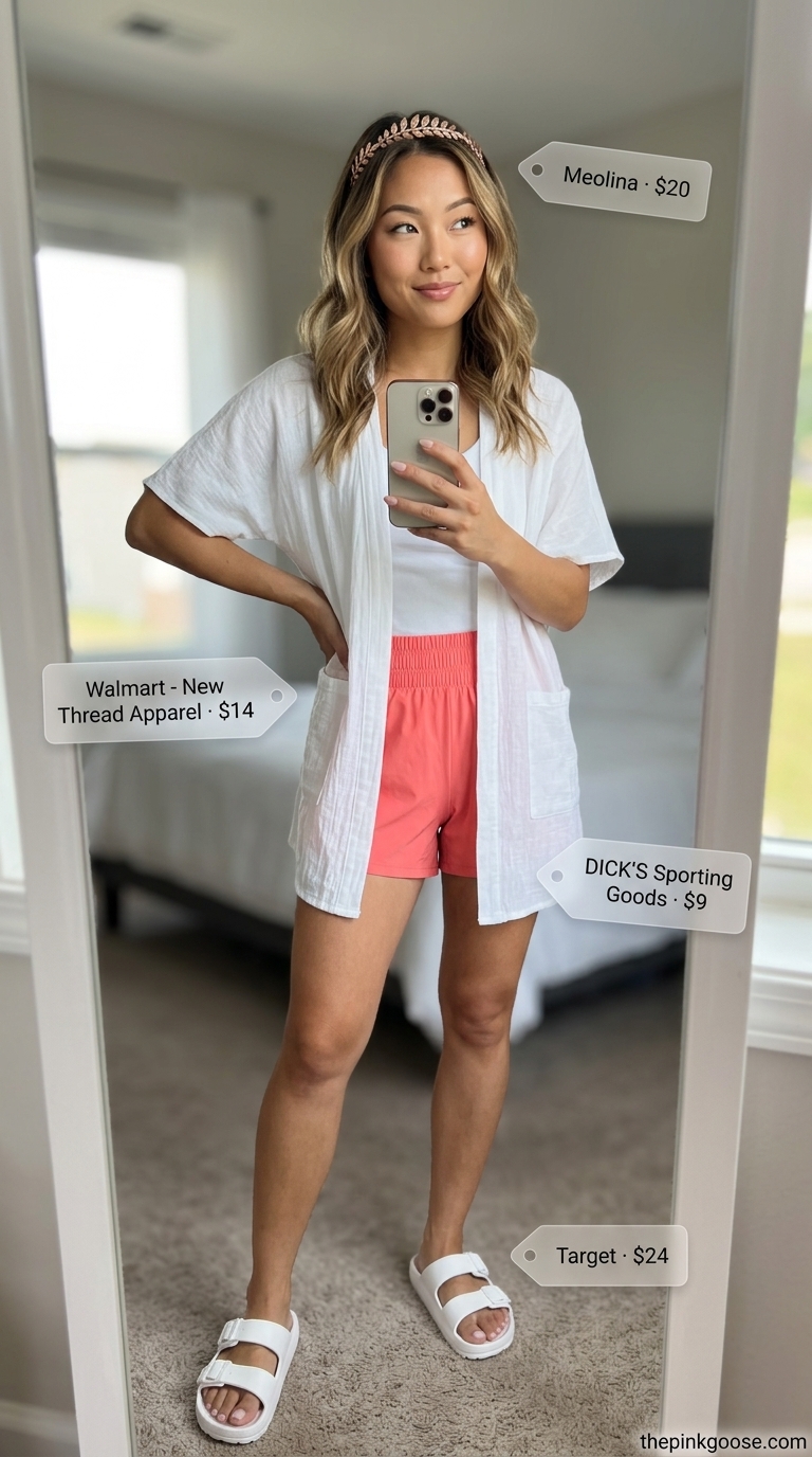 Summer Yoga Activewear for Women 2026: Sunrise Energy Energetic coral pink summer yoga activewear for women 2026: shorts, racerback tank, cover-up, headband.