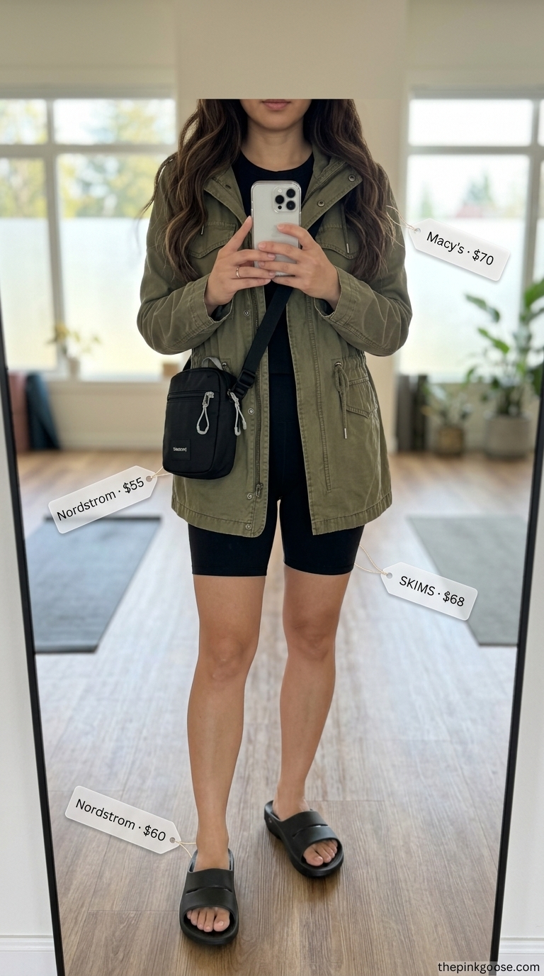 Summer Yoga Activewear for Women 2026: Urban Flow Black bike shorts, olive green utility jacket for urban summer yoga activewear for women 2026.