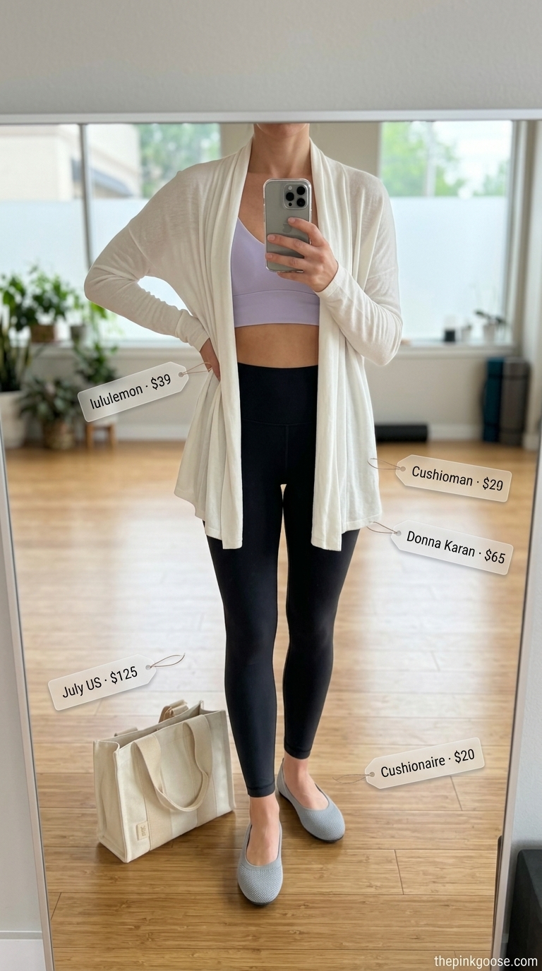 Summer Yoga Activewear for Women 2026: Zen Garden Soft lavender yoga set with white wrap top for serene summer yoga activewear for women 2026.