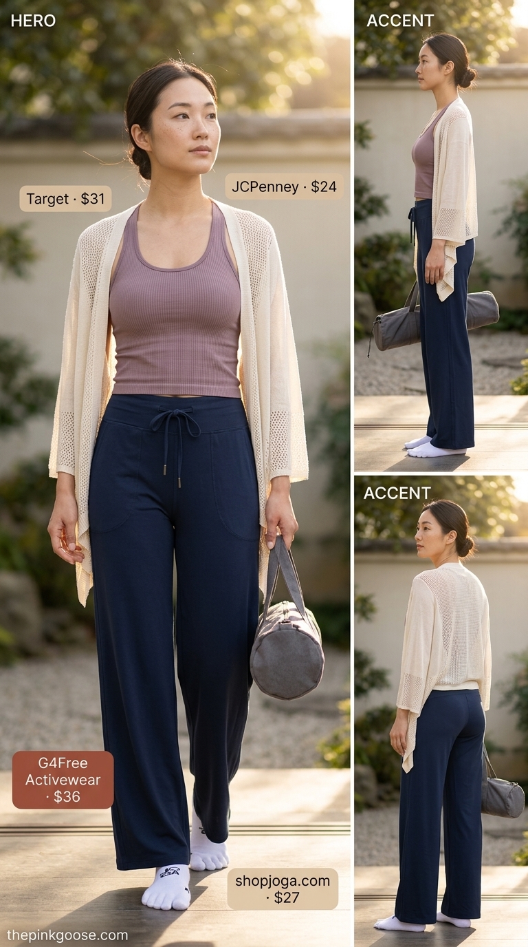 Summer Yoga Activewear for Women 2026: Zen Style Calm navy & sky blue summer yoga activewear for women 2026: wide leg pants, fitted tank, wrap shawl.