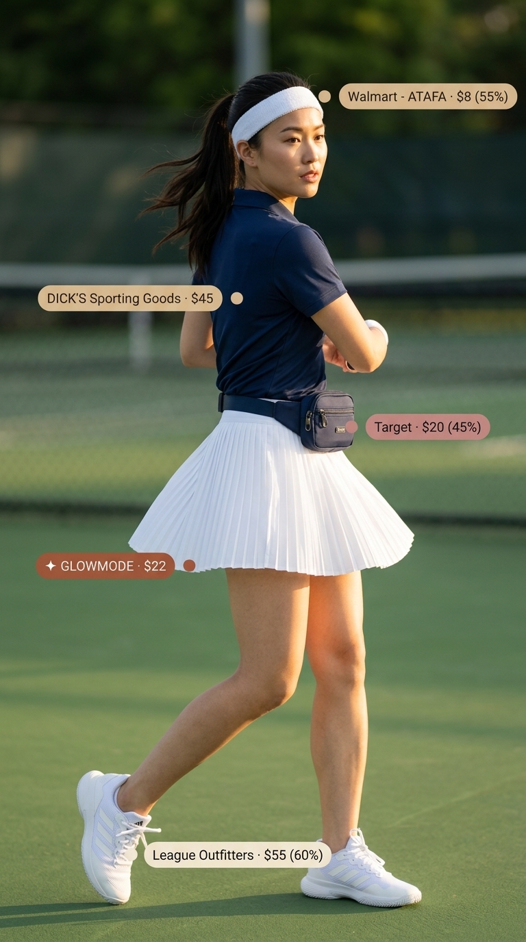 Sporty tennis mini skirt outfit summer 2026: white pleated skirt, navy polo, sneakers for tennis.