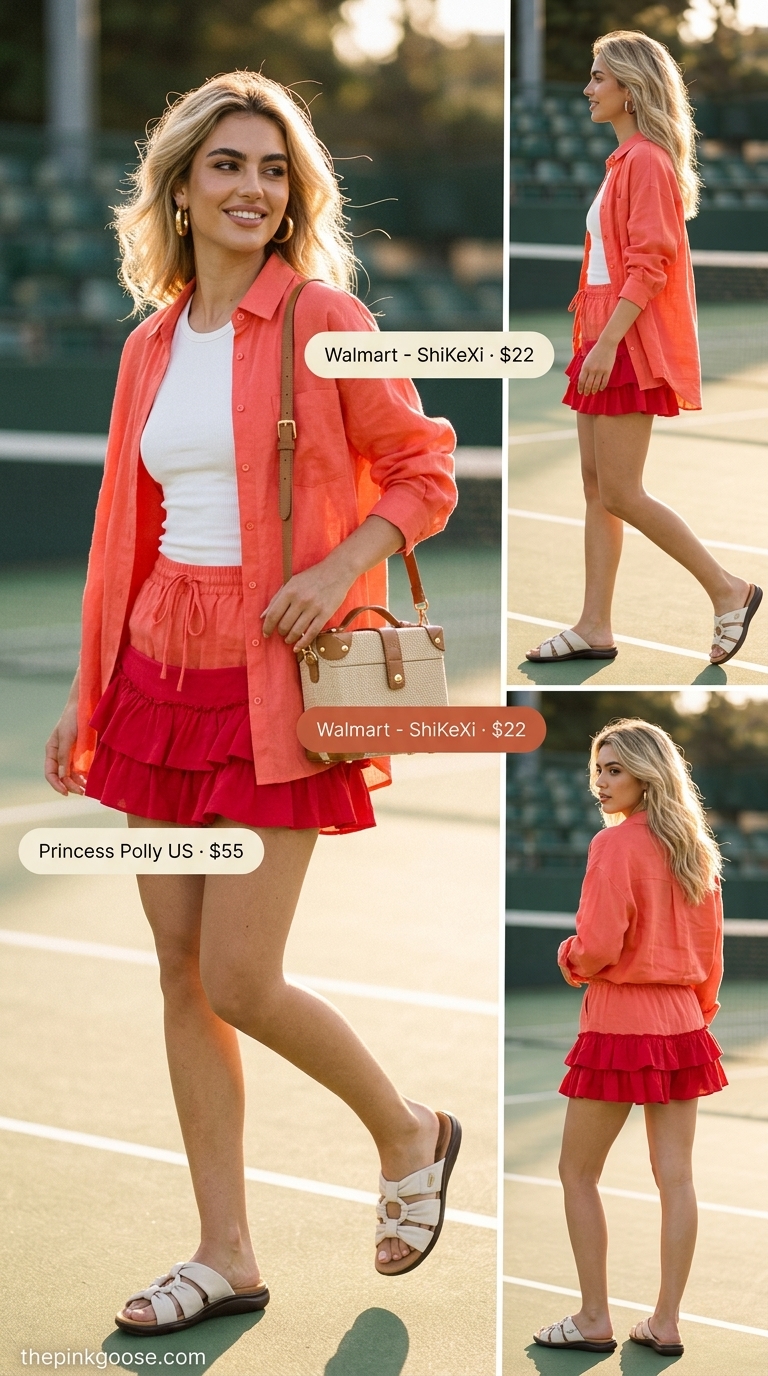 Vibrant coral linen set with a mini skirt for summer 2026, perfect for brunch or vacation.