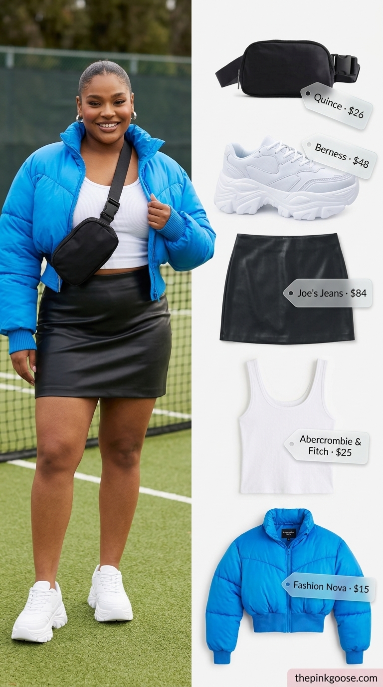 Trendy electric blue puffer jacket with a black mini skirt for summer 2026 street style.