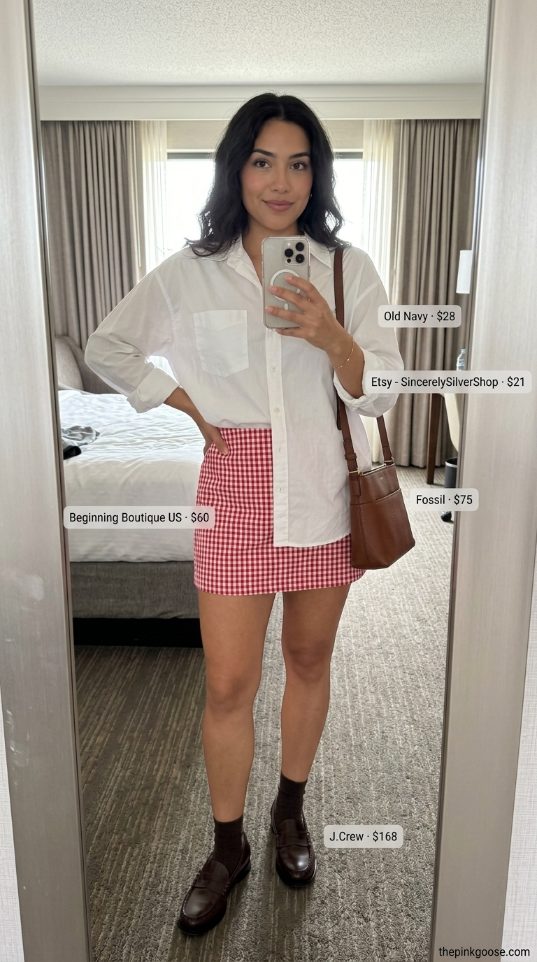 Preppy tennis mini skirt outfit summer 2026: red gingham skirt, white oversized shirt, loafers for picnic.