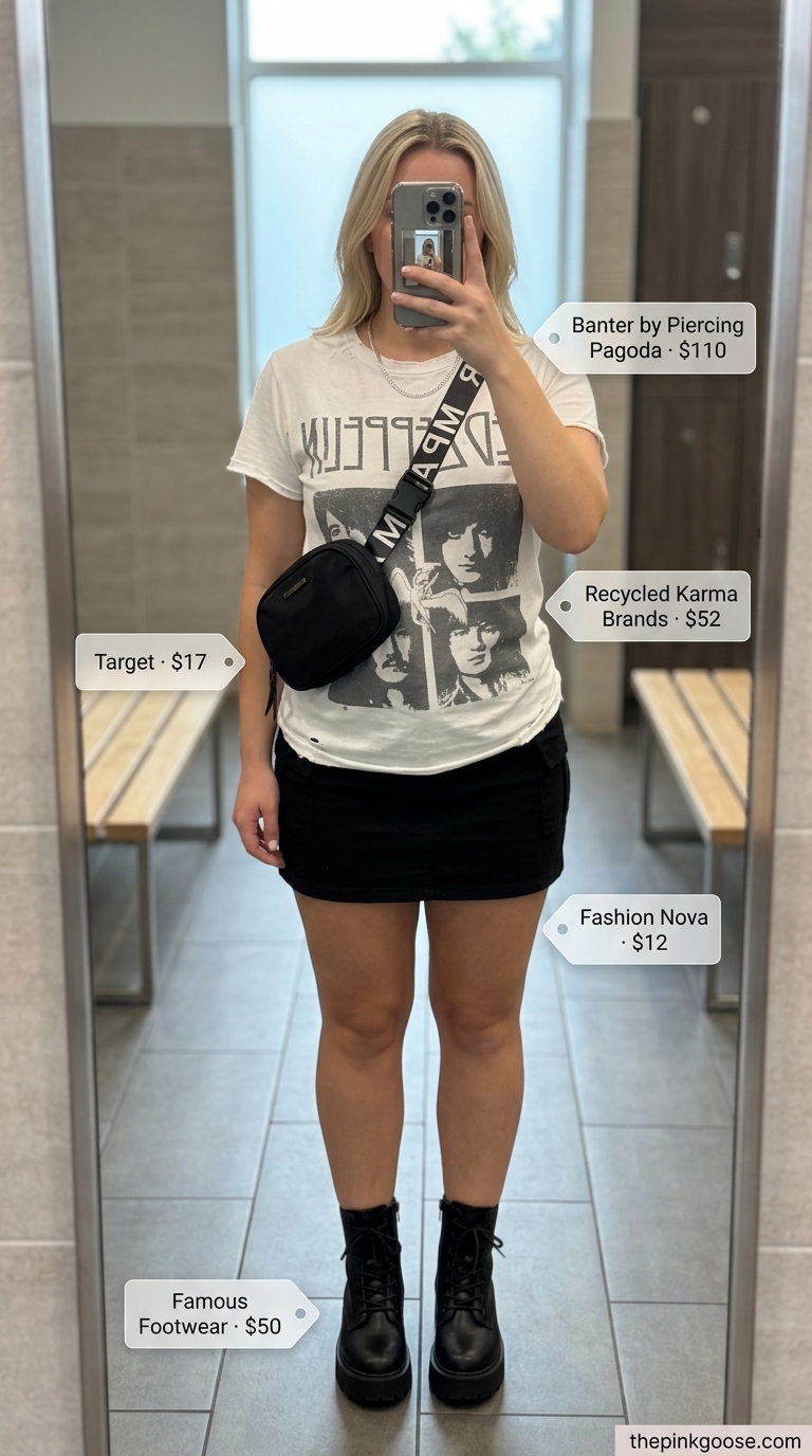 Tennis mini skirt outfits summer 2026: Black cargo skirt, graphic tee, belt bag, and combat boots for urban edge.