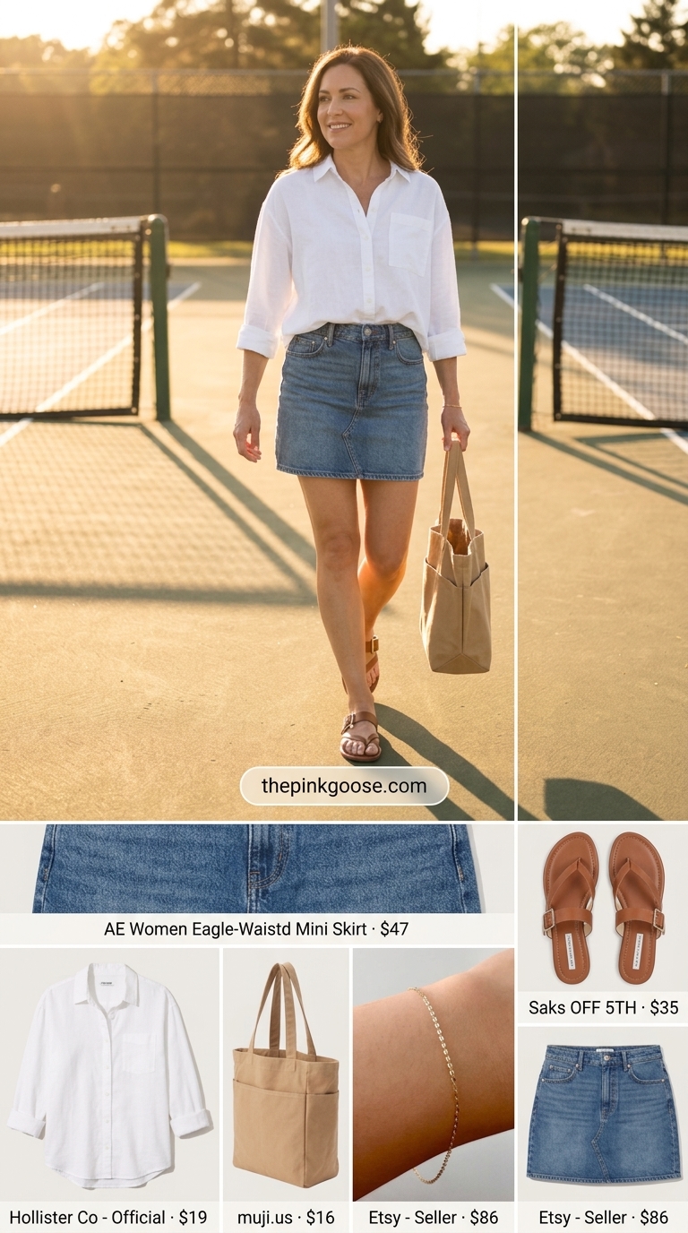 Casual white linen shirt and denim mini skirt outfit for summer 2026, great for weekends.