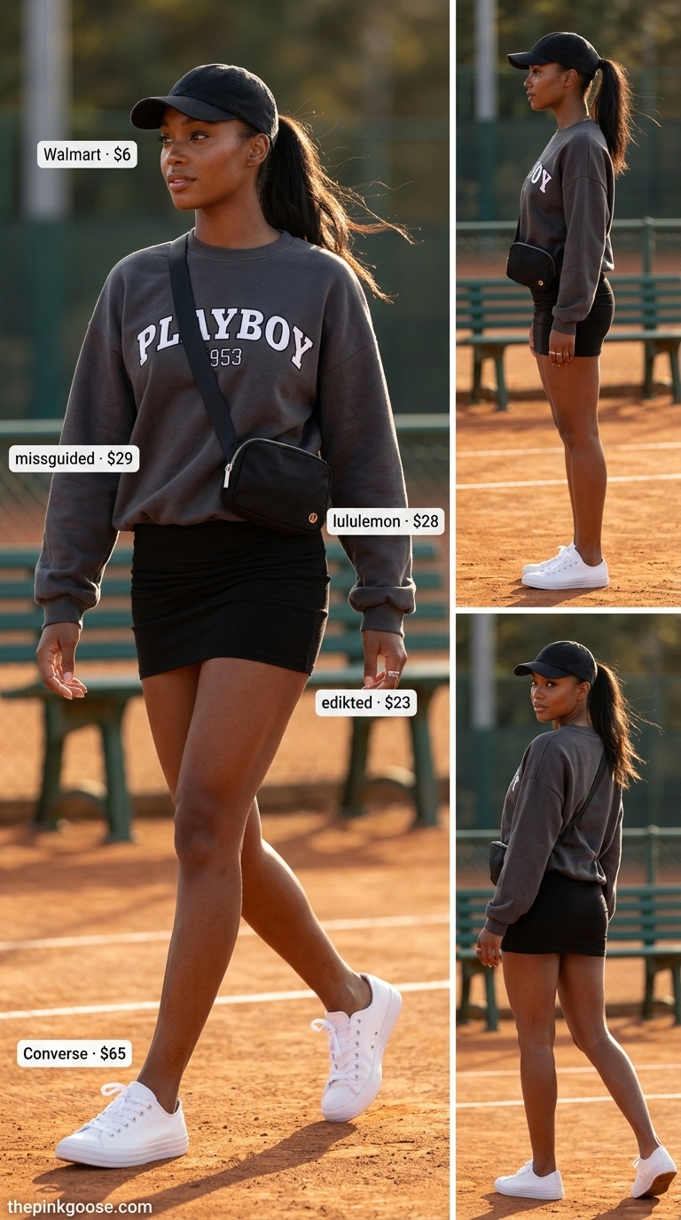 Tennis mini skirt outfits summer 2026: Grey graphic sweatshirt, black mini skirt, cap, belt bag, and sneakers for weekend casual.