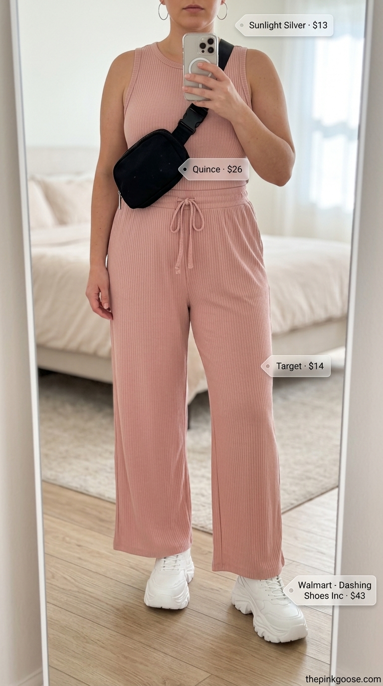 Trending summer must have outfits for women 2026: Muted blush pink knit set with white sneakers and crossbody bag for travel.