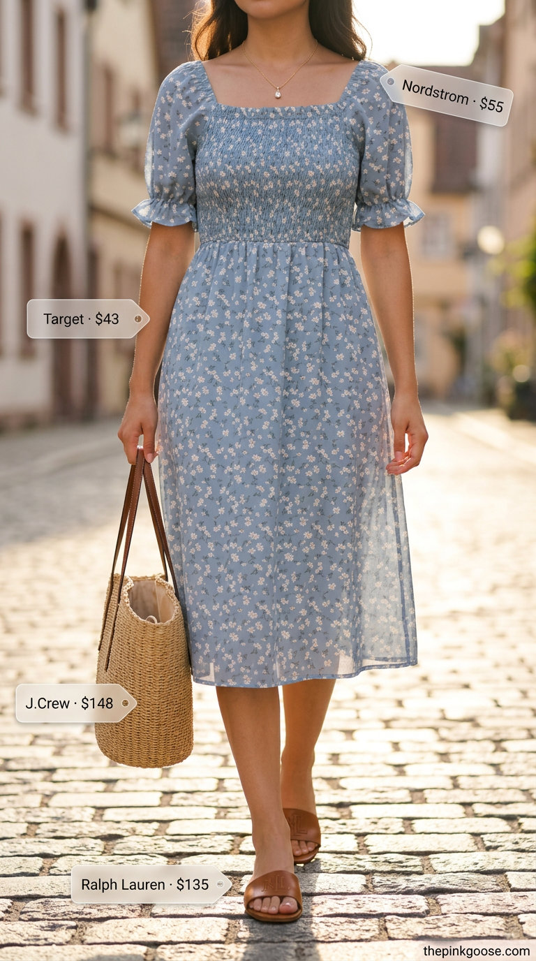 Pastel blue floral prairie dress, a trending summer must-have outfit for women 2026. Feminine and romantic style.