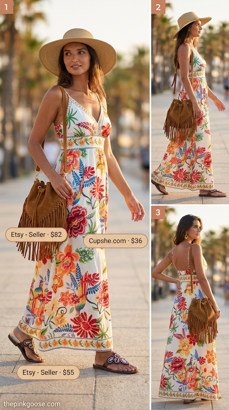 Boho maxi dress outfit for women 2026: floral print dress, embellished sandals, suede bag, straw hat.