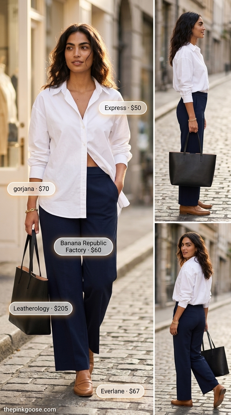 Chic wide-leg trousers outfit for women 2026: navy trousers, crisp white shirt, tan loafers, gold bracelet.