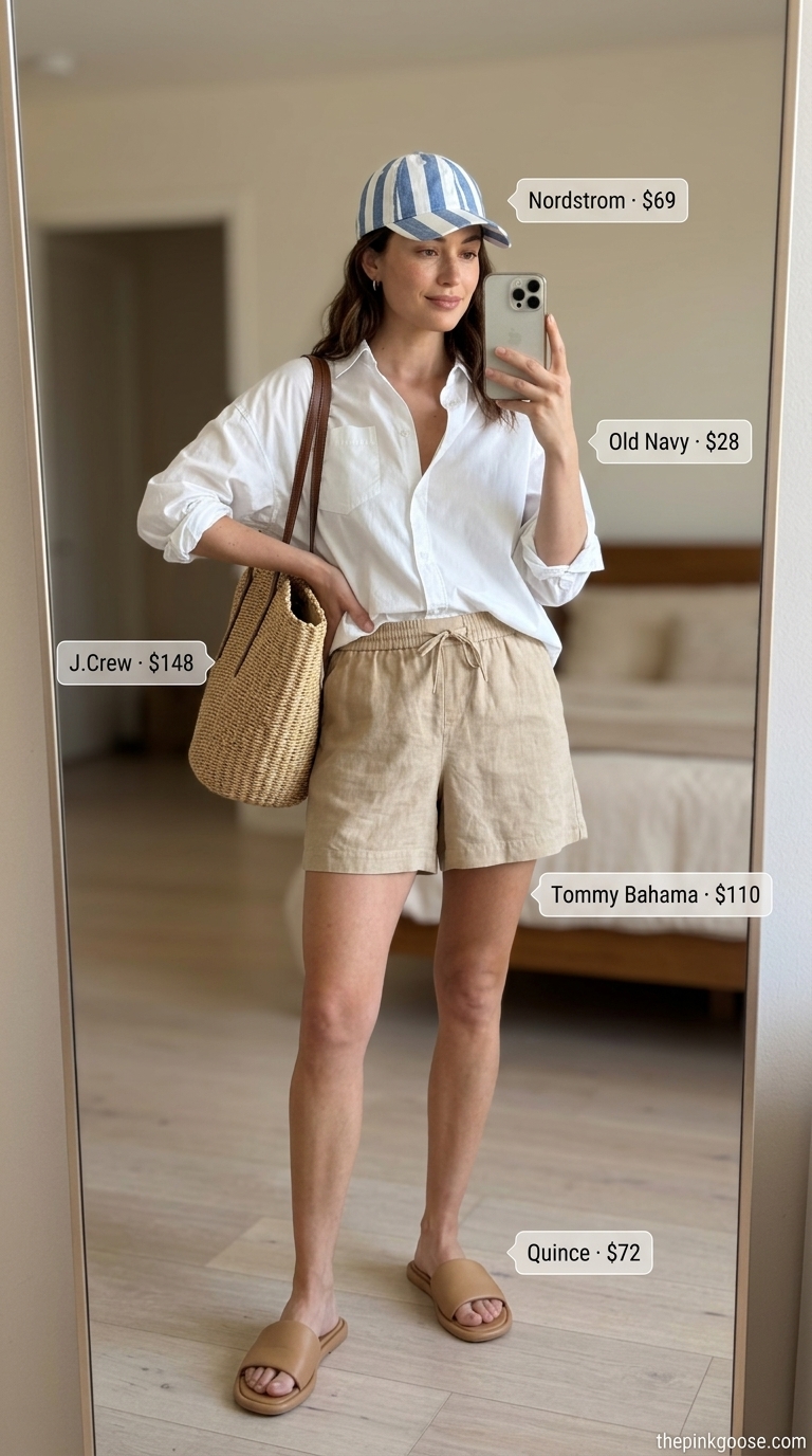 Coastal getaway outfit for women 2026: beige linen shorts, white shirt, straw tote, navy cap, leather slides.