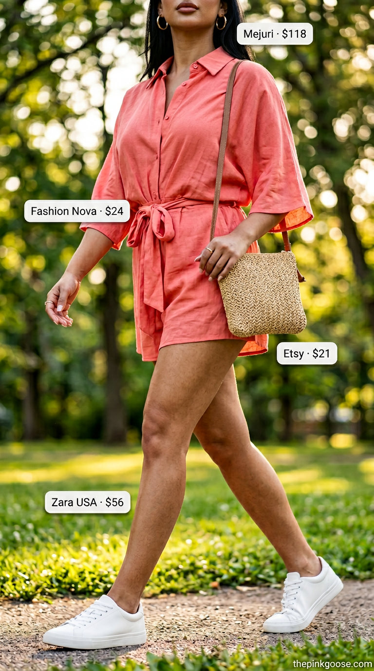 Coral cotton blend romper, a trending summer must-have outfit for women 2026. Great for picnics and beach days.