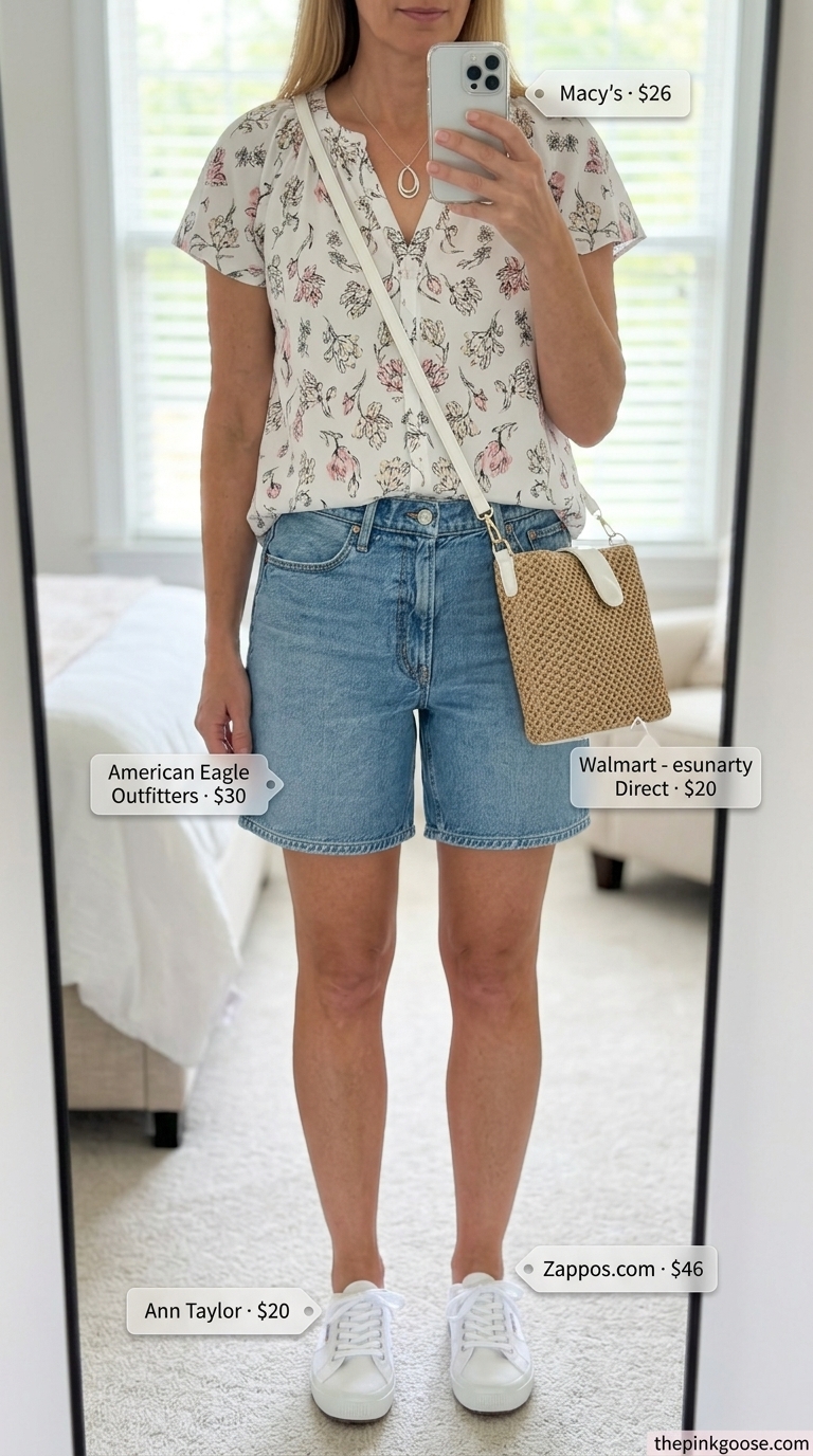Trending summer must have outfits for women 2026: Floral blouse with denim shorts, sneakers, and straw bag for weekend casual.