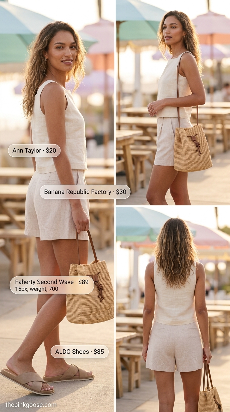 Monochromatic linen shorts outfit for women 2026: beige shorts, cream knit top, raffia bag, leather slides, gold necklace.