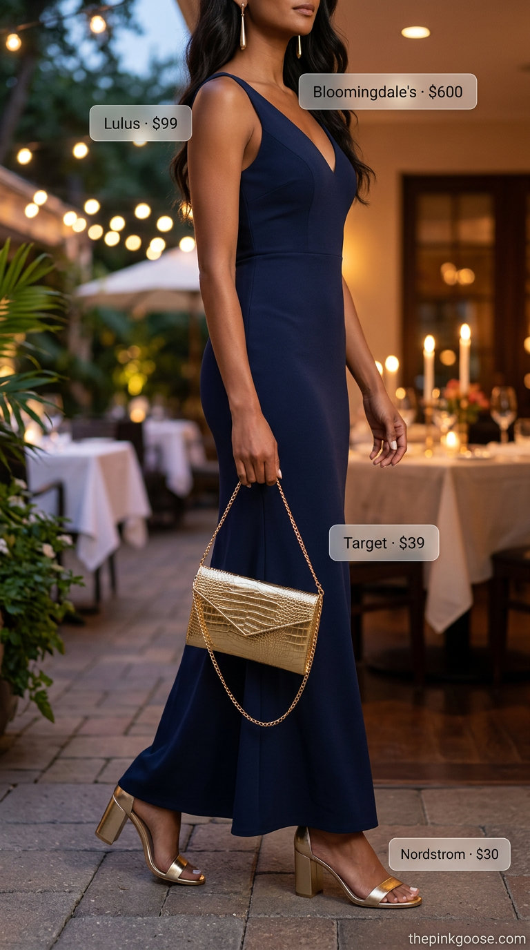 Navy blue maxi dress, a trending summer must-have outfit for women 2026. Elegant evening event style.