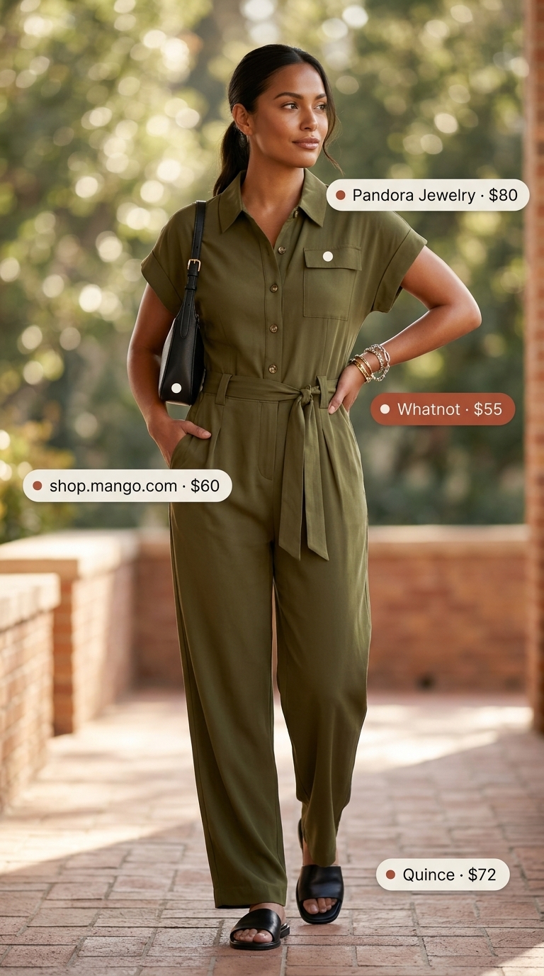 Olive green utility jumpsuit for women, a trending summer must-have outfit for 2026. Perfect for casual days.