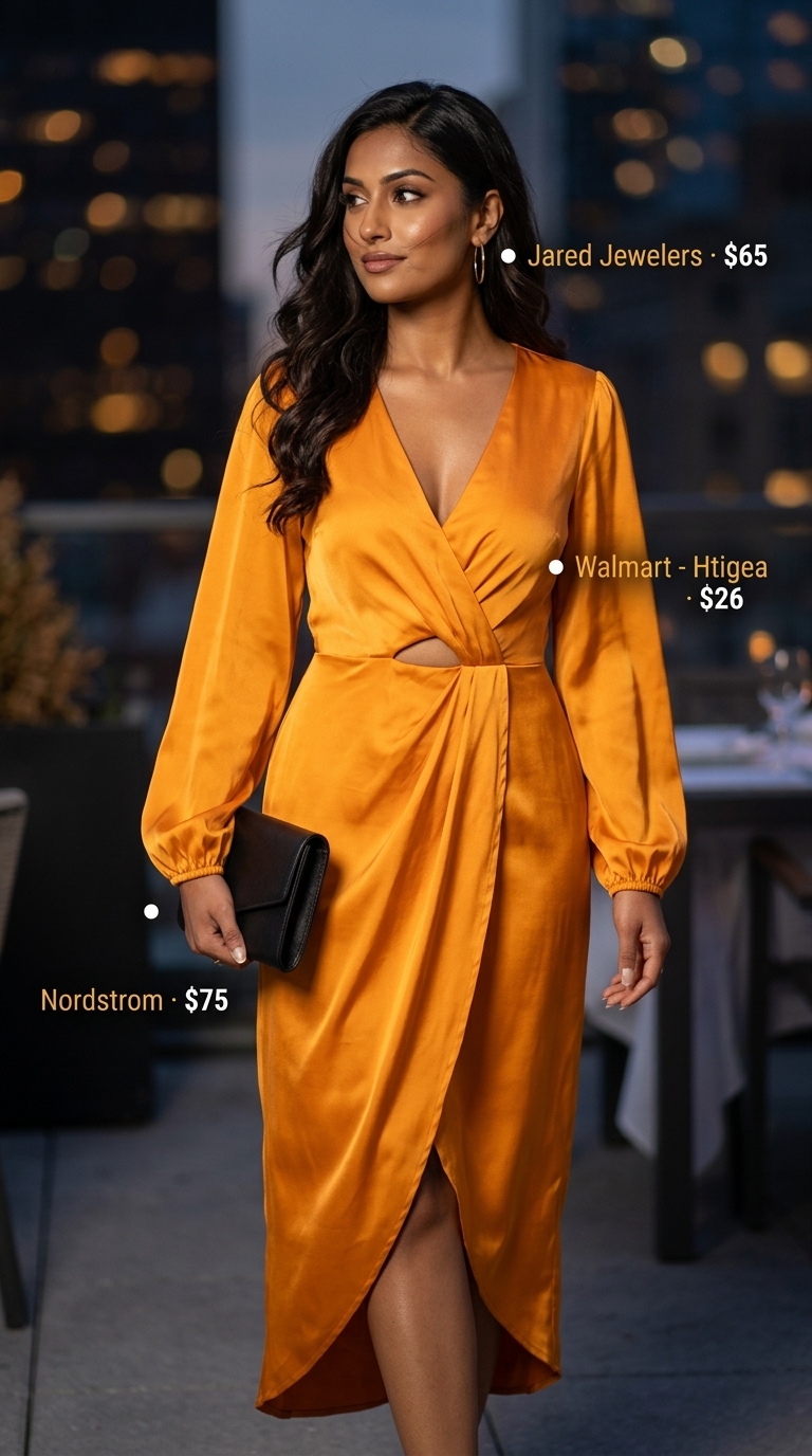 Mango orange satin midi wrap dress, a trending summer must-have outfit for women 2026. Ideal for date nights.