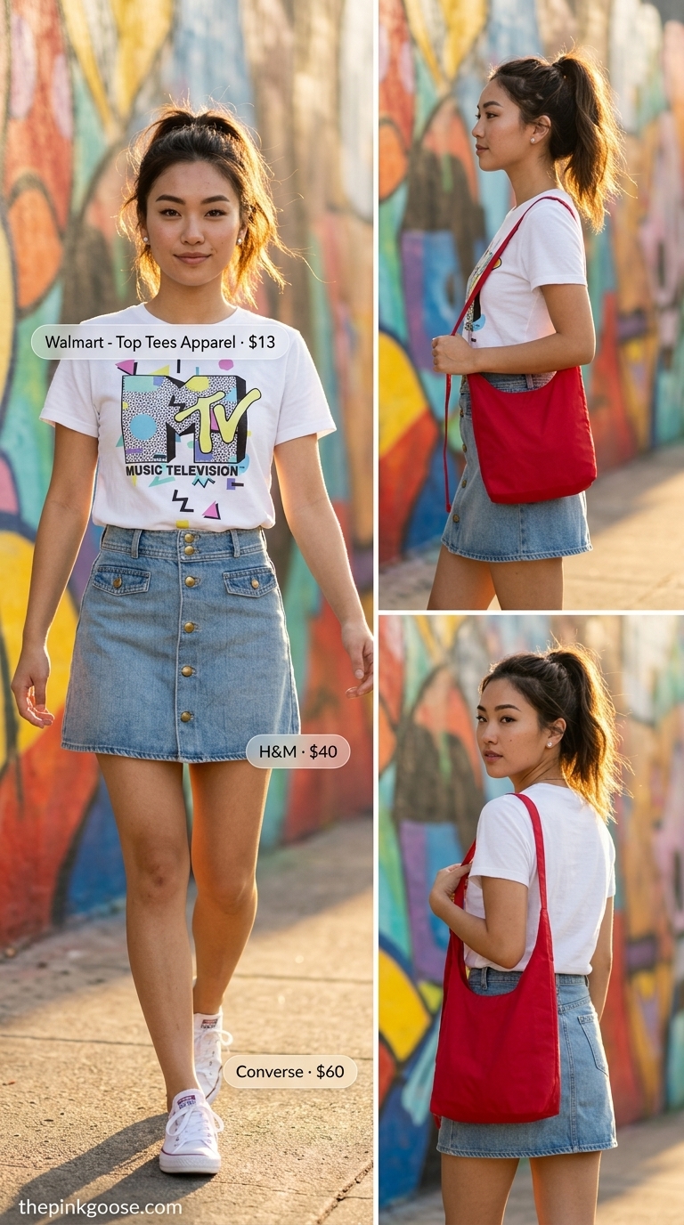 Retro denim mini skirt outfit for women 2026: white graphic tee, red crossbody bag, silver earrings, canvas sneakers.