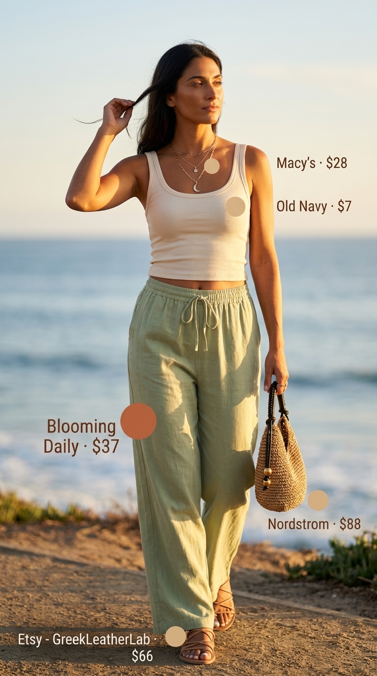 Sage green linen pants and cream tank, a trending summer must-have outfit for women 2026. Chic coastal style.