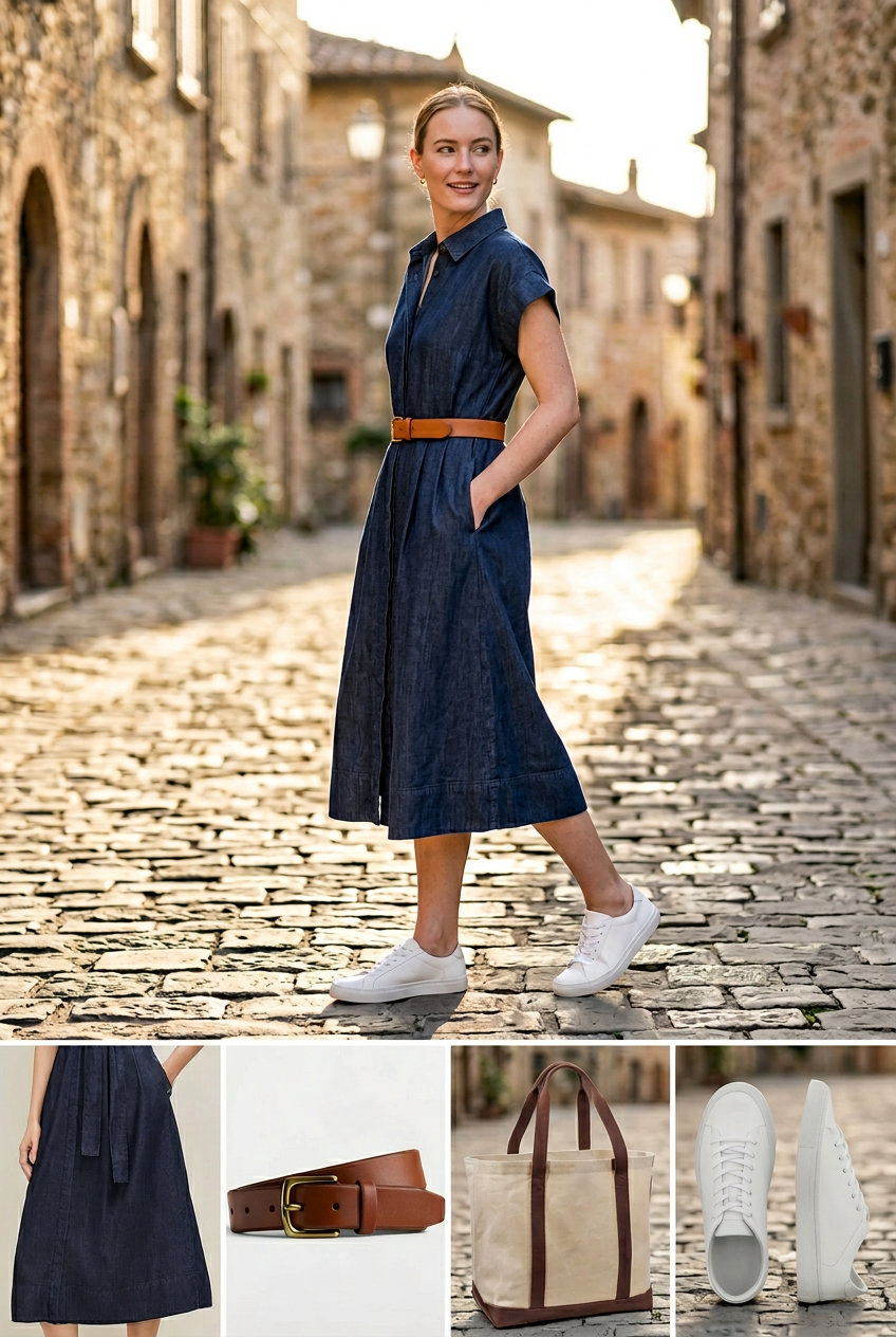 Trending summer must have outfits for women 2026: Chambray blue shirtdress with tan belt and white sneakers for casual days.