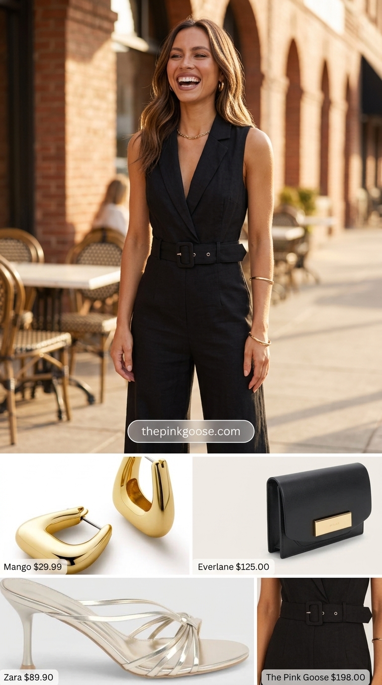 Tailored linen jumpsuit outfit for women 2026: black jumpsuit, gold heels, gold earrings, black clutch.