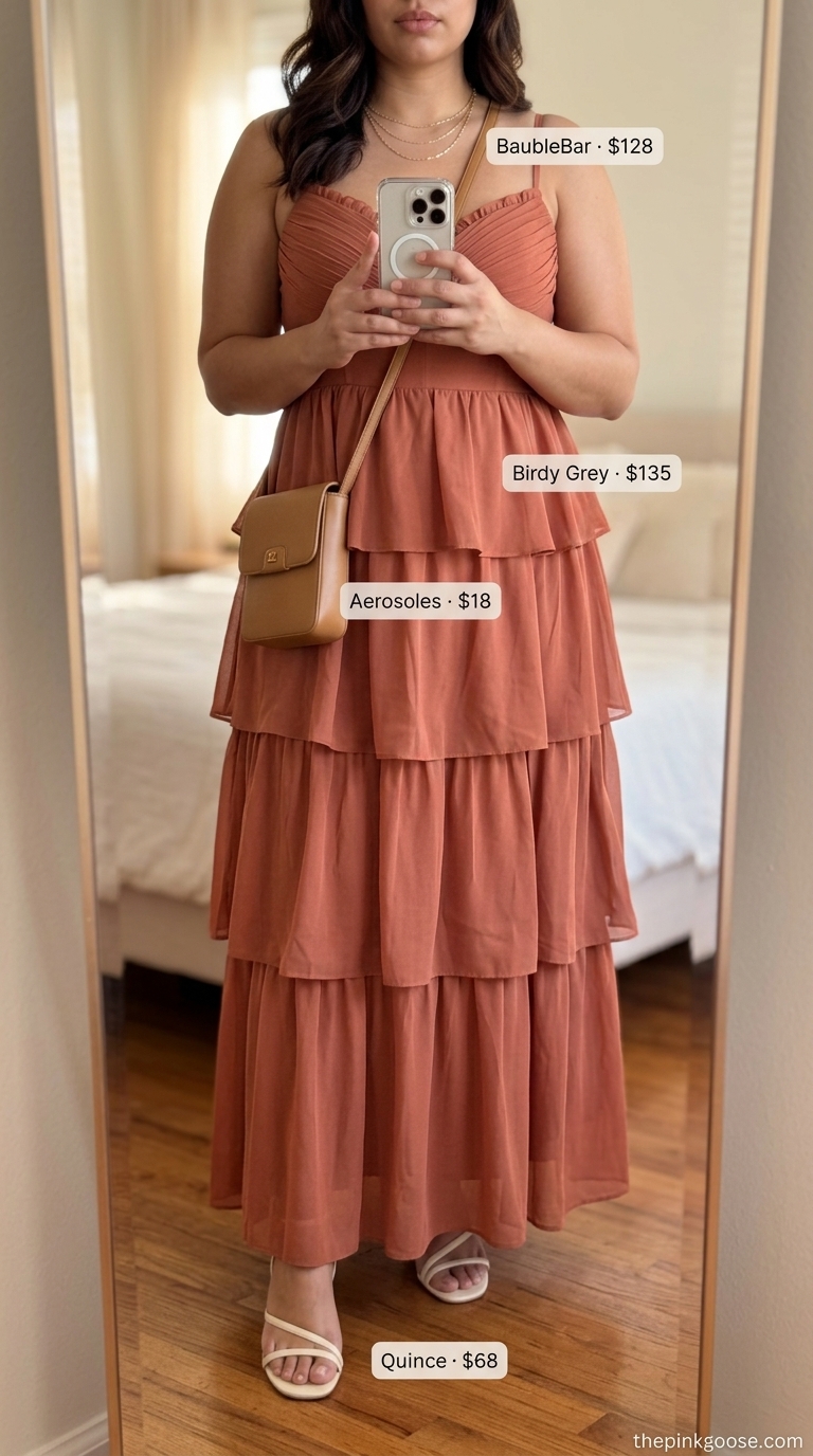 Trending summer must have outfits for women 2026: Terracotta maxi dress with heeled sandals and gold jewelry for sunset dinner.