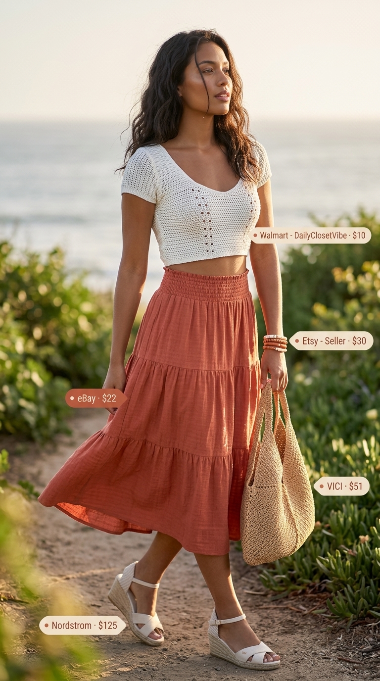 Terracotta tiered midi skirt and crochet top, a trending summer must-have outfit for women 2026. Boho beach style.