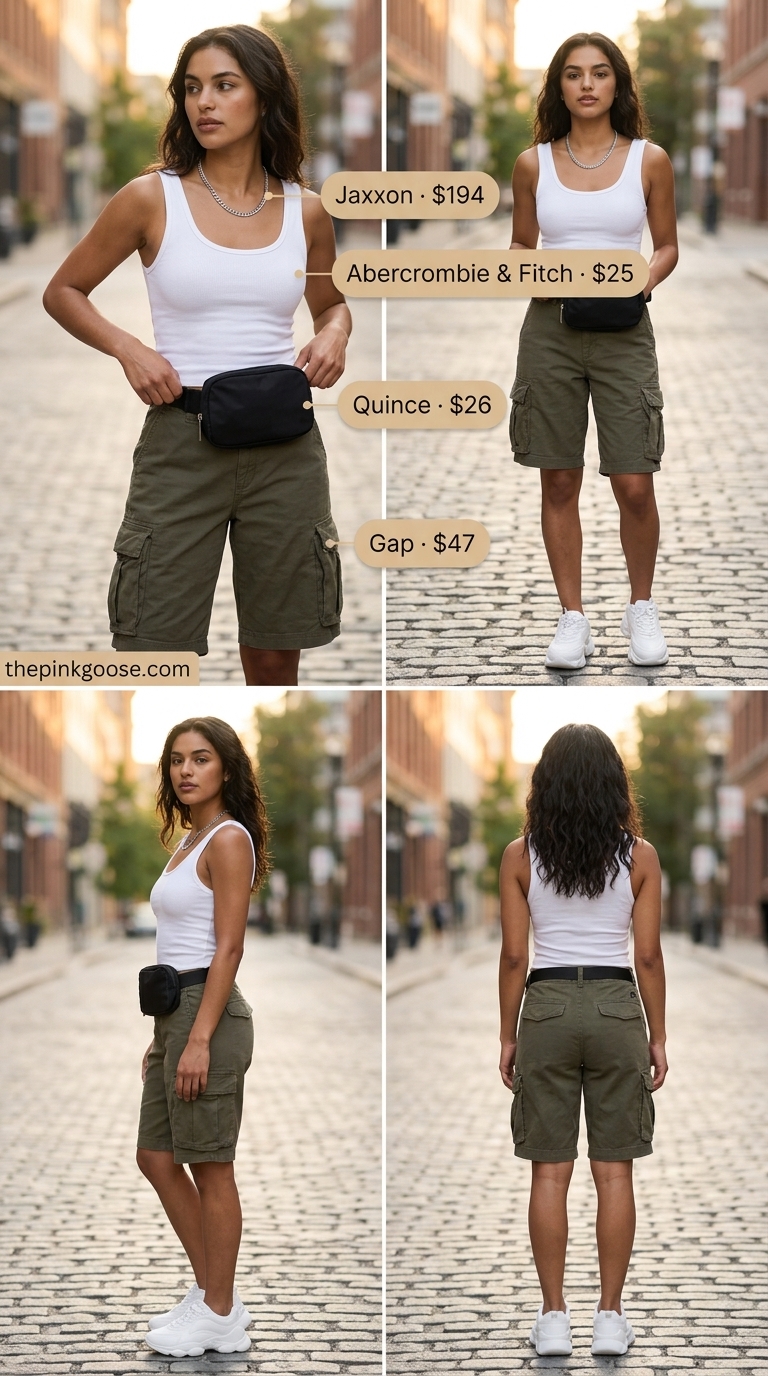 Urban explorer cargo shorts outfit for women 2026: olive green shorts, white ribbed tank, black belt bag, chunky sneakers.