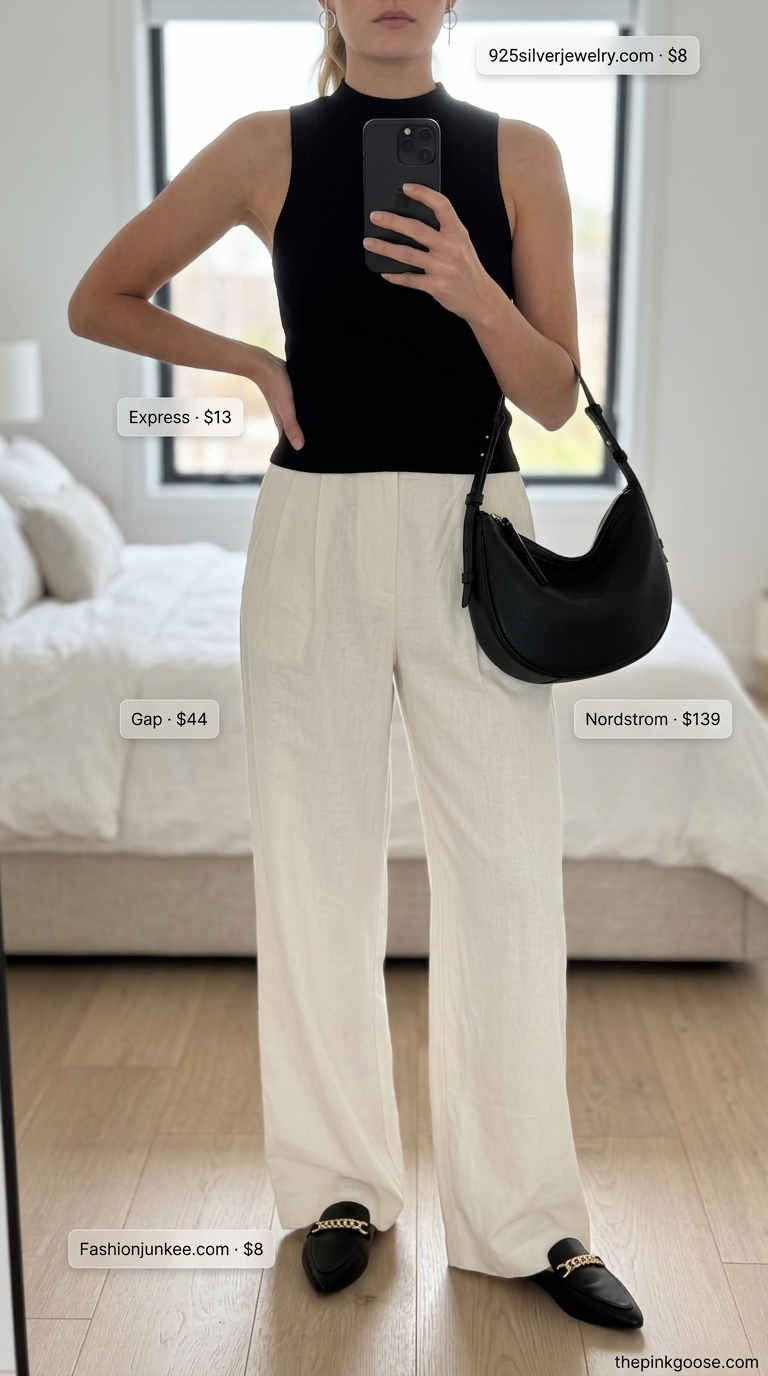 Trending summer must have outfits for women 2026: White wide-leg trousers with black top, blazer, and mules for urban chic.
