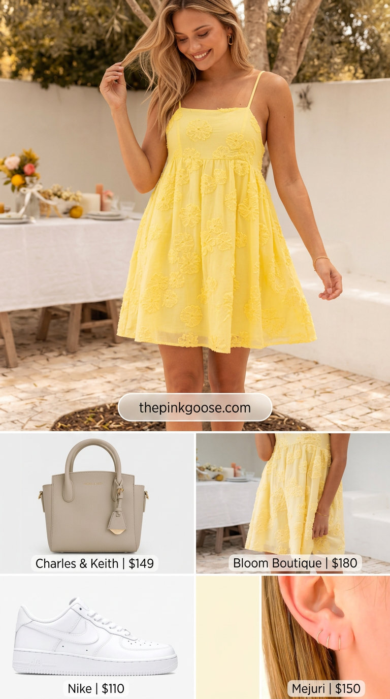 Trending summer must have outfits for women 2026: Bright yellow mini dress with white sneakers and top-handle bag for brunch.