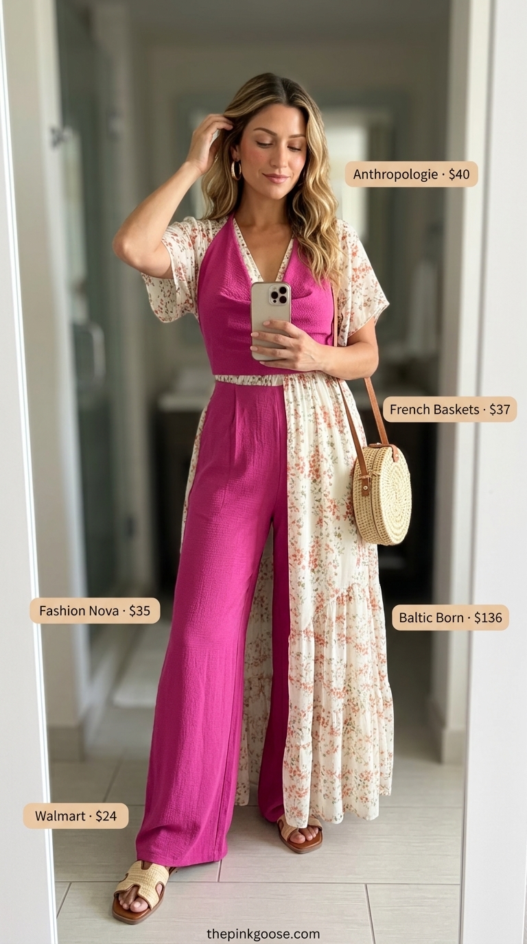 Boho Sunset Soiree: Terracotta floral maxi dress, raffia sandals, straw bag. Trendy outfit inspo summer for women 2026.