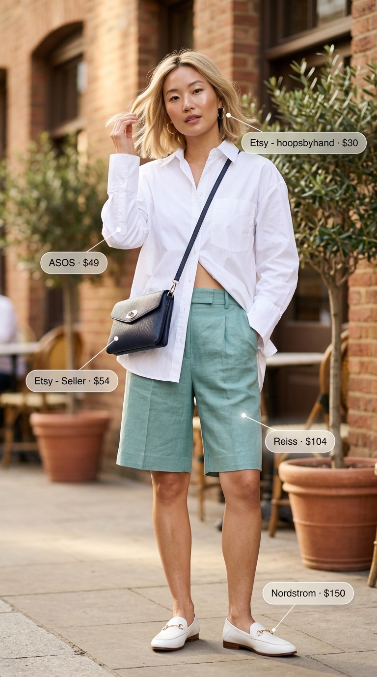 Trendy outfit inspo summer for women 2026: Smart casual Bermuda shorts, oversized white shirt, and leather loafers for city exploration.