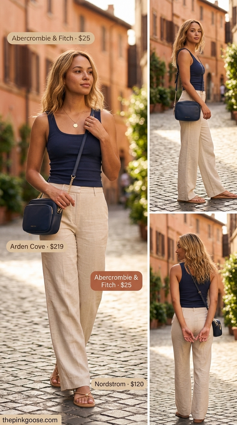 Cream linen pants, navy knit top, straw bag. Trendy outfit inspo summer for women 2026.