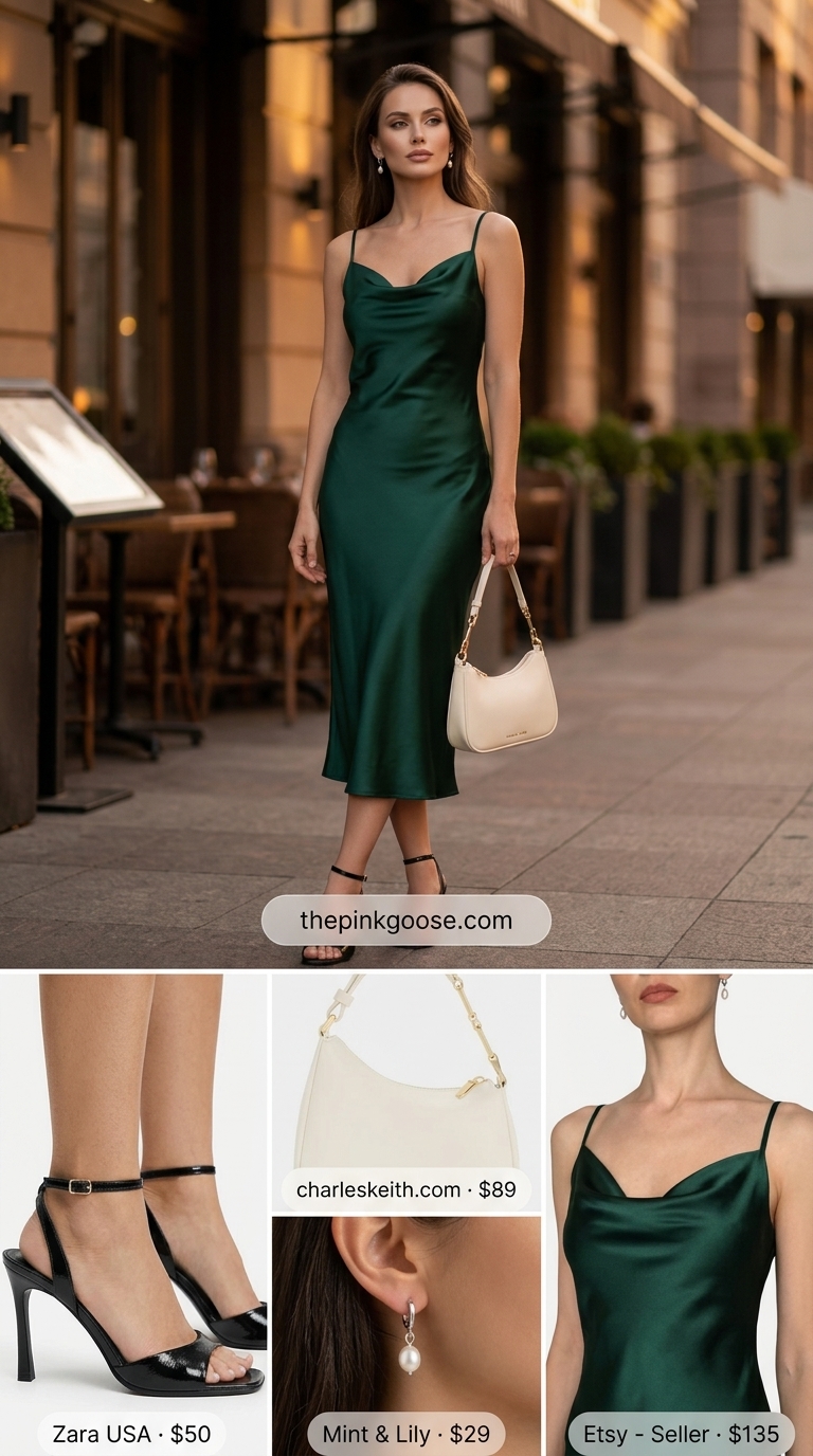 Trendy outfit inspo summer for women 2026: Glamorous emerald green satin slip dress with heeled mules for a cocktail party.