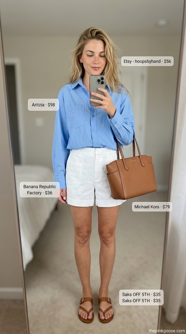 Trendy outfit inspo summer for women 2026: Chic linen shorts, oversized sky blue shirt, and straw accessories for a refined brunch look.