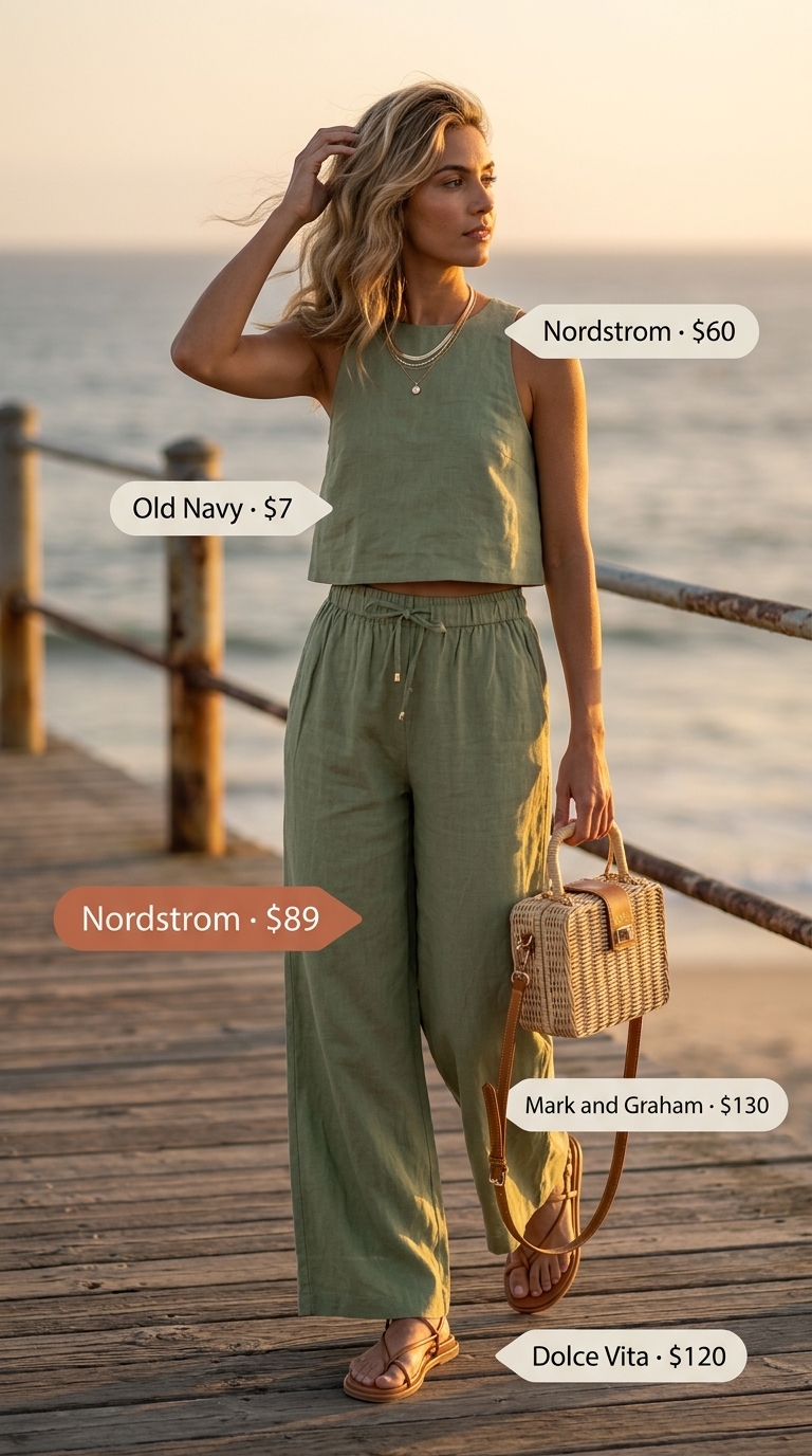 Sage green linen pants, cream tank, layered gold necklaces. Trendy outfit inspo summer for women 2026.