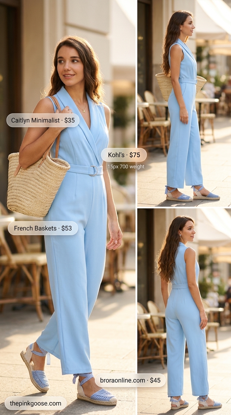 Sky blue linen romper, straw tote, espadrille flats. Trendy outfit inspo summer for women 2026.