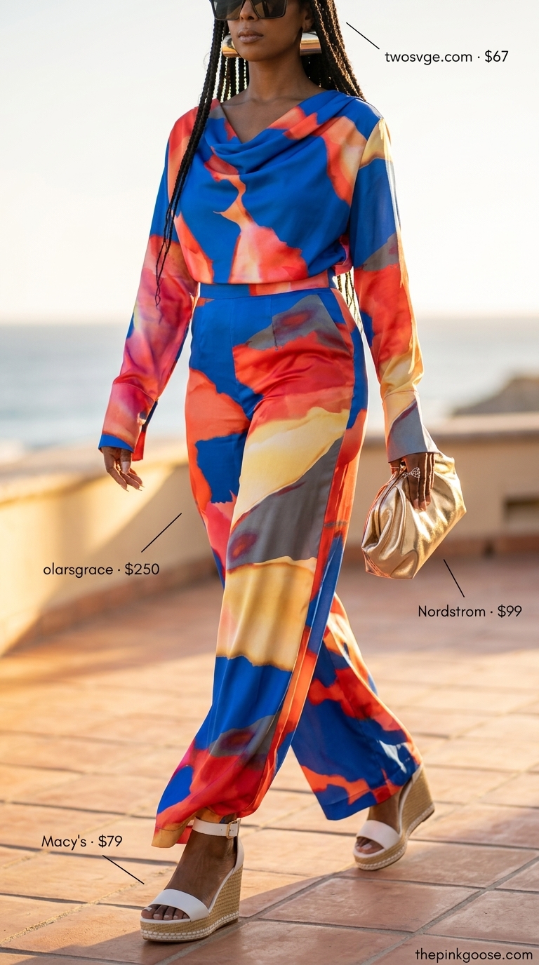 Abstract print matching set, espadrille wedges, gold hoops. Trendy outfit inspo summer for women 2026.