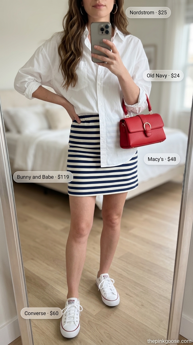 Trendy outfit inspo summer for women 2026: Preppy picnic style with a navy striped mini skirt, white tee, and red top-handle bag.