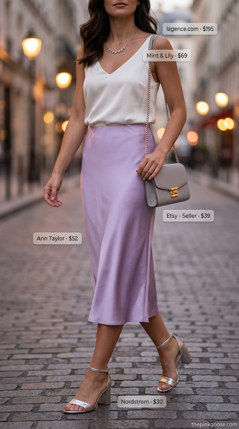 Lavender satin midi skirt, ivory silk cami, silver heels. Trendy outfit inspo summer for women 2026.