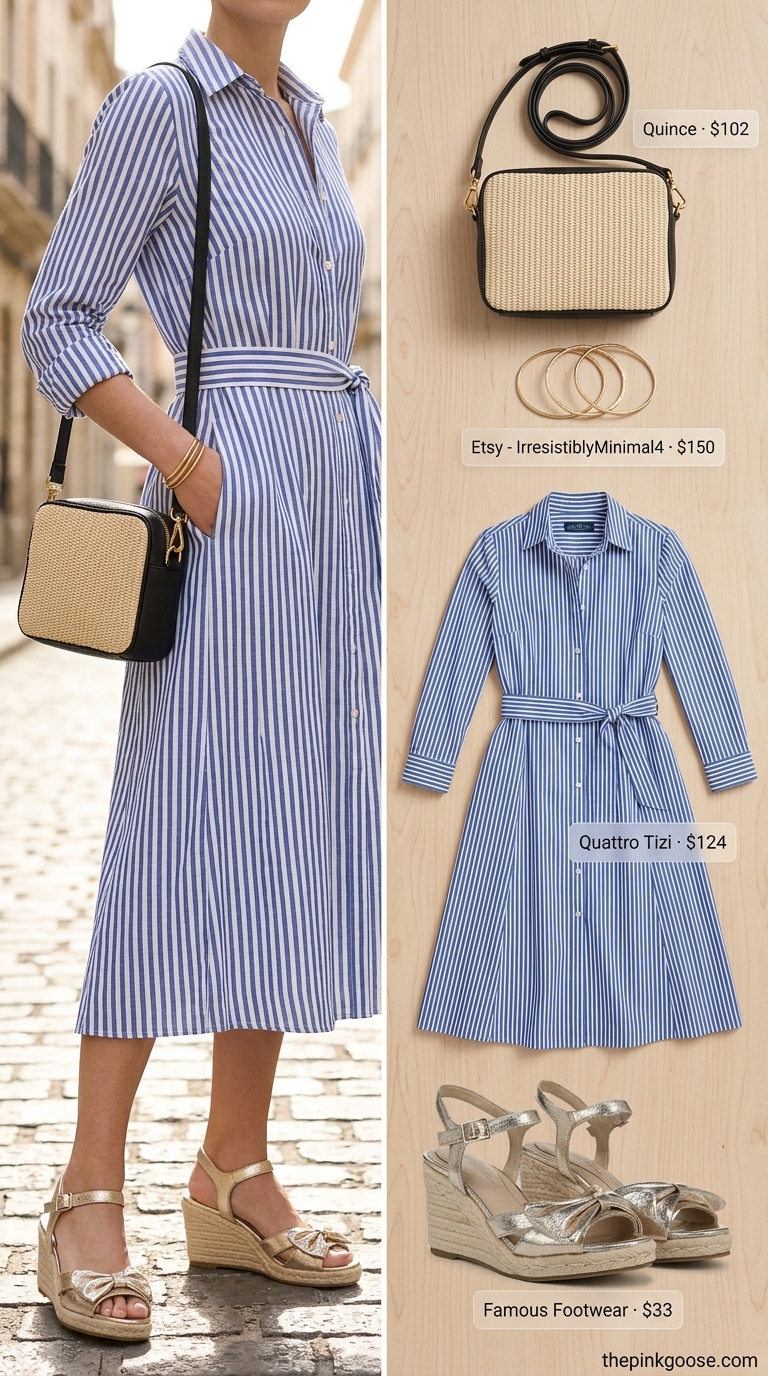 Trendy outfit inspo summer for women 2026: Effortless striped midi shirt dress with flat sandals and straw crossbody bag for a chic day out.