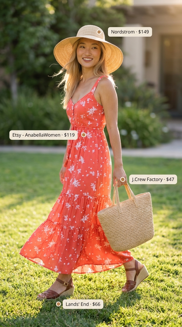 Trendy outfit inspo summer for women 2026: Vibrant coral floral maxi dress with espadrille wedges and straw hat for resort wear.